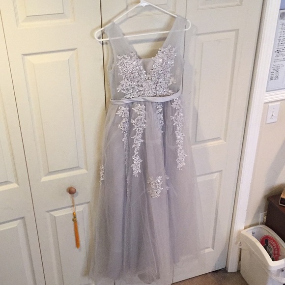 Dresses & Skirts - Silver embellished gown with satin belt